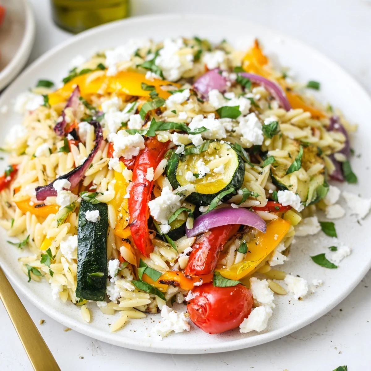 Colorful Mediterranean tasty roasted vegetable orzo topped with crumbled feta and basil