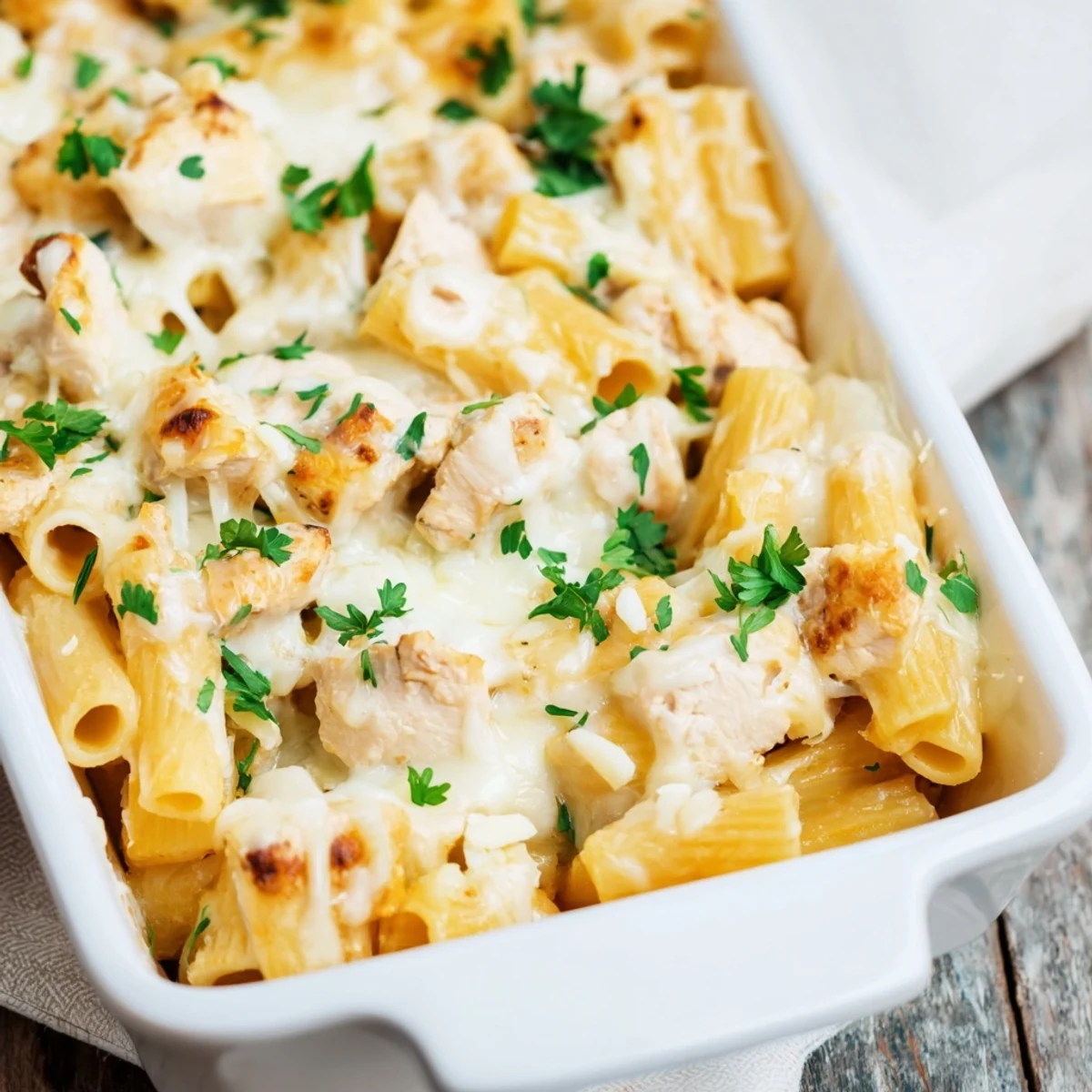 Hearty baked rigatoni pasta casserole loaded with tender chicken pieces in a rich creamy garlic cheese sauce