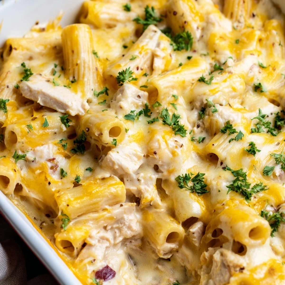 Golden and bubbly cheesy garlic chicken rigatoni casserole fresh from the oven with melted mozzarella topping