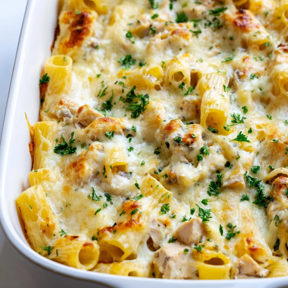Creamy chicken rigatoni casserole with three cheeses bubbling under a golden brown crust ready to serve