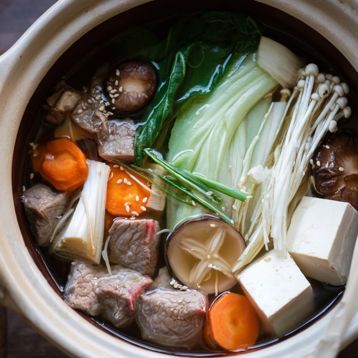 Golden Japanese Shabu Shabu hot pot featuring tender beef slices and fresh vegetables simmering in aromatic dashi broth