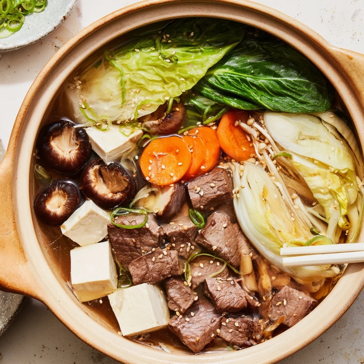 Tableside Japanese Shabu Shabu hot pot arranged with colorful Chinese cabbage spinach mushrooms and tofu cubes ready for dipping