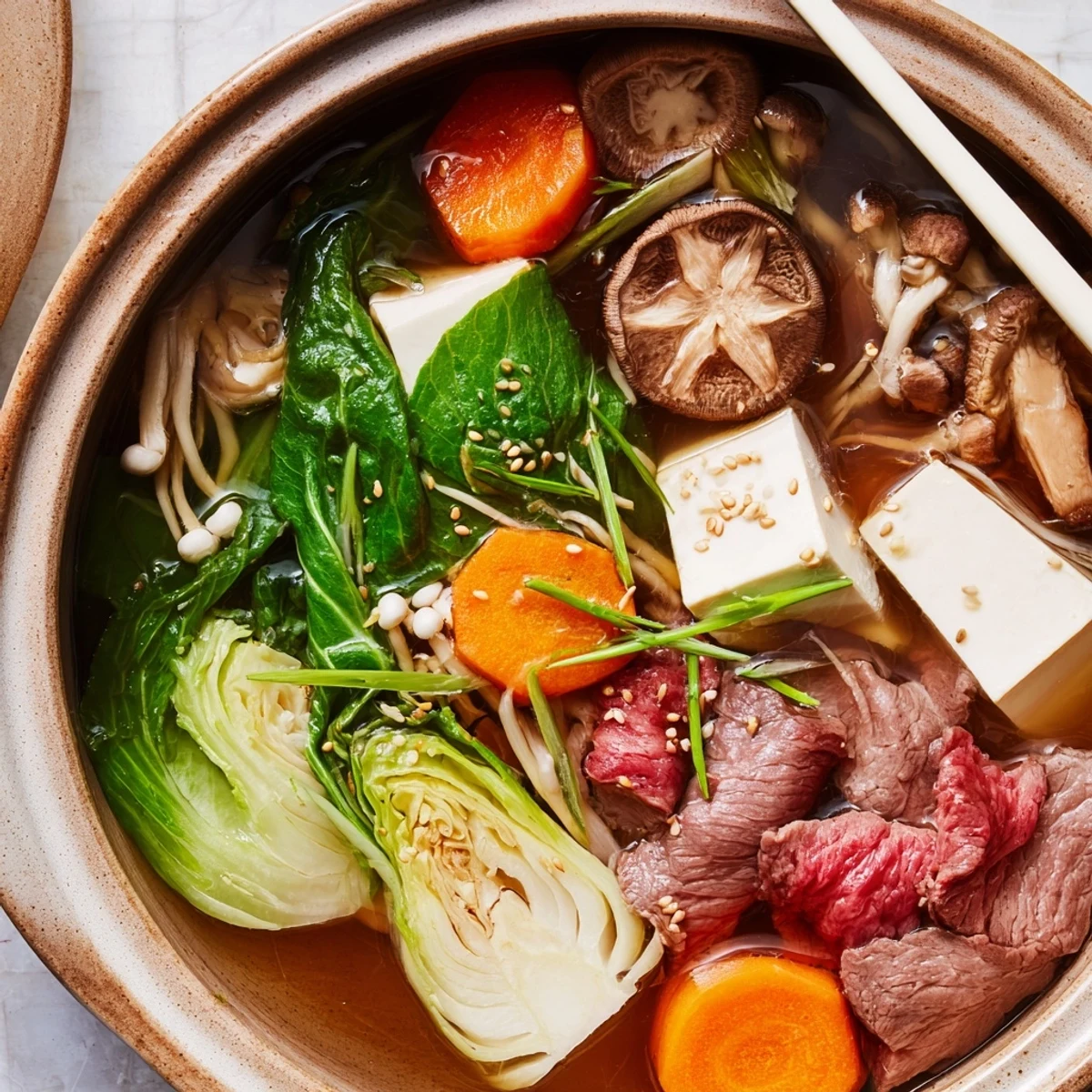 Steaming Japanese Shabu Shabu hot pot with thinly sliced meats swished in savory broth served alongside tangy ponzu sauce