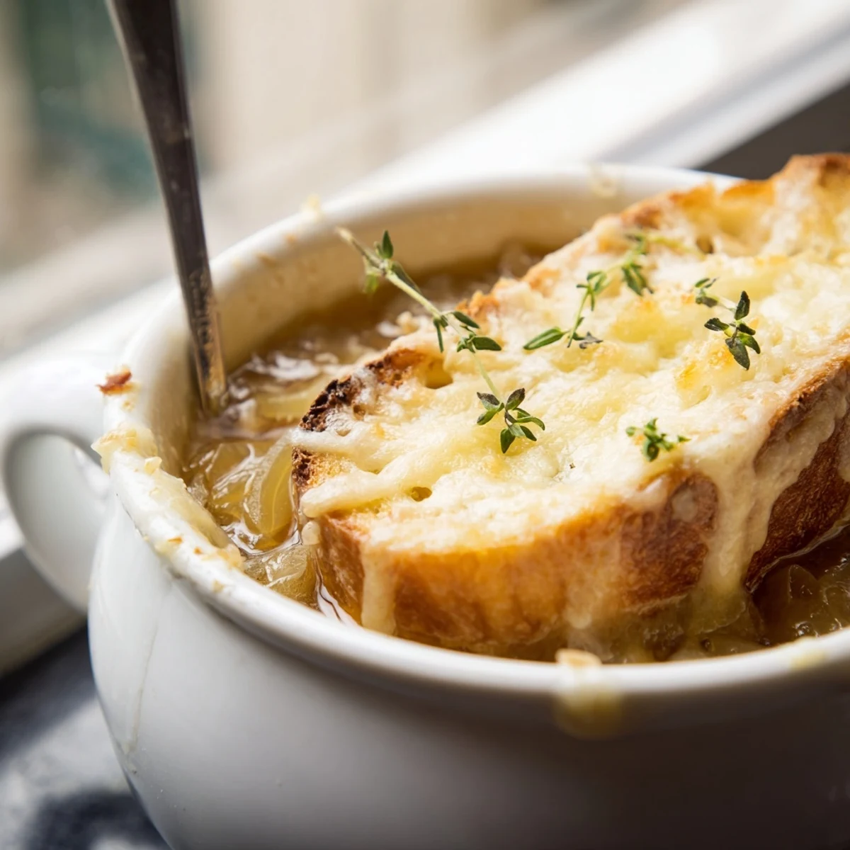 Golden brown slow cooker French onion soup topped with melted Gruyère cheese and crusty baguette