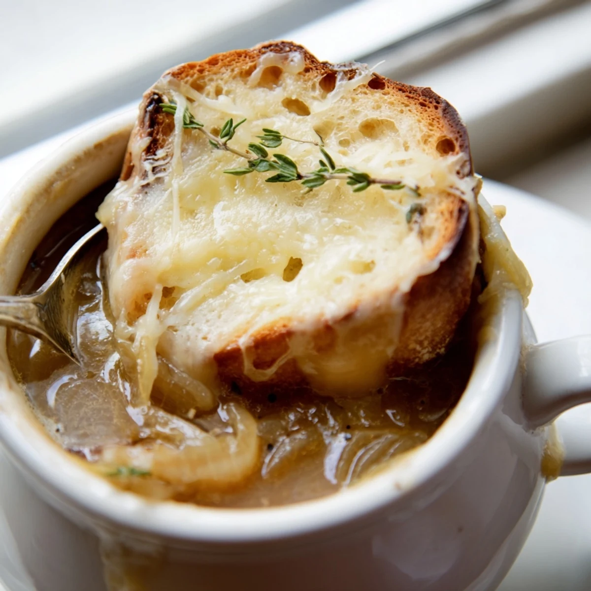 Rustic bowl of slow cooker French onion soup with caramelized onions and bubbling cheese topping