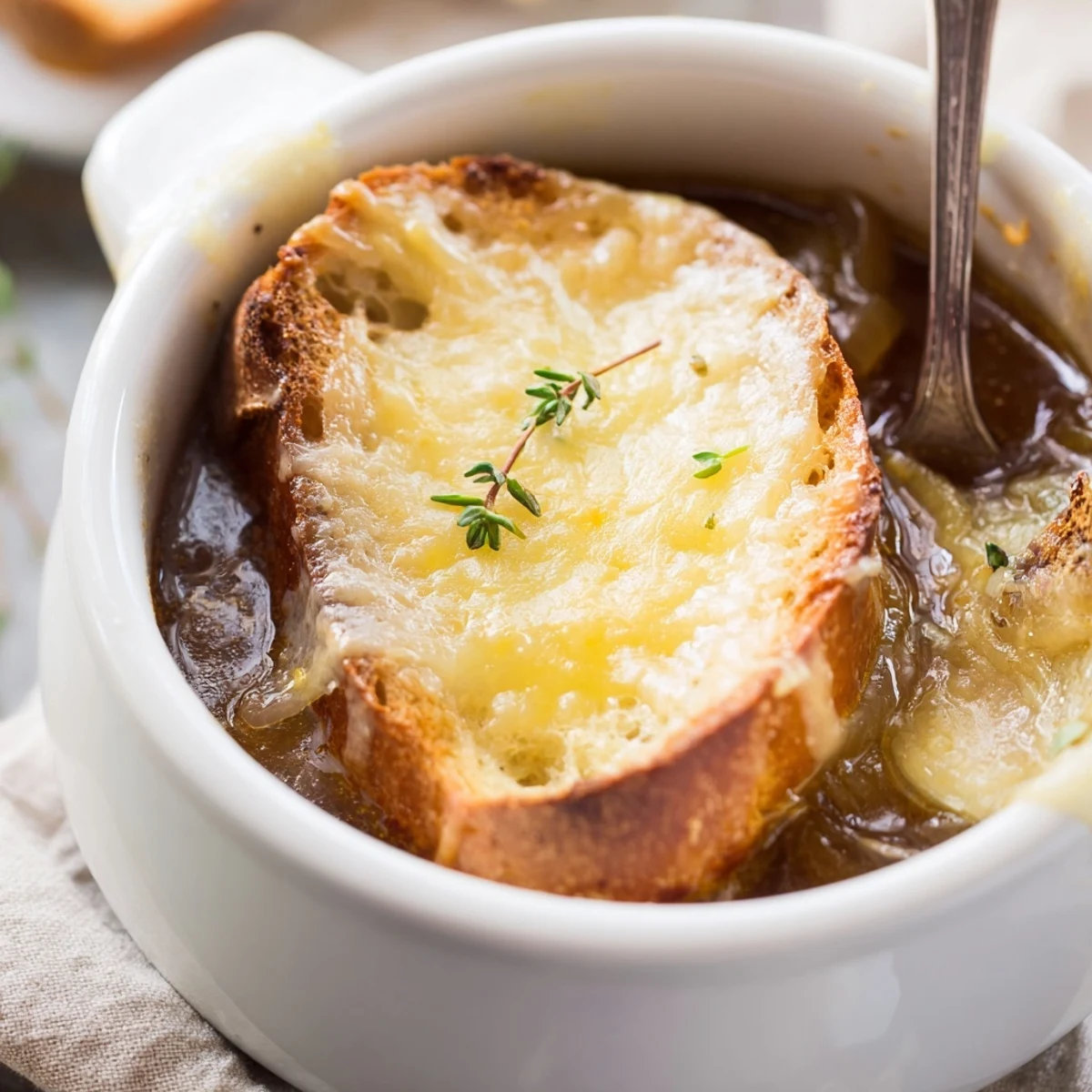 Steaming slow cooker French onion soup served with toasted bread and rich beef broth base
