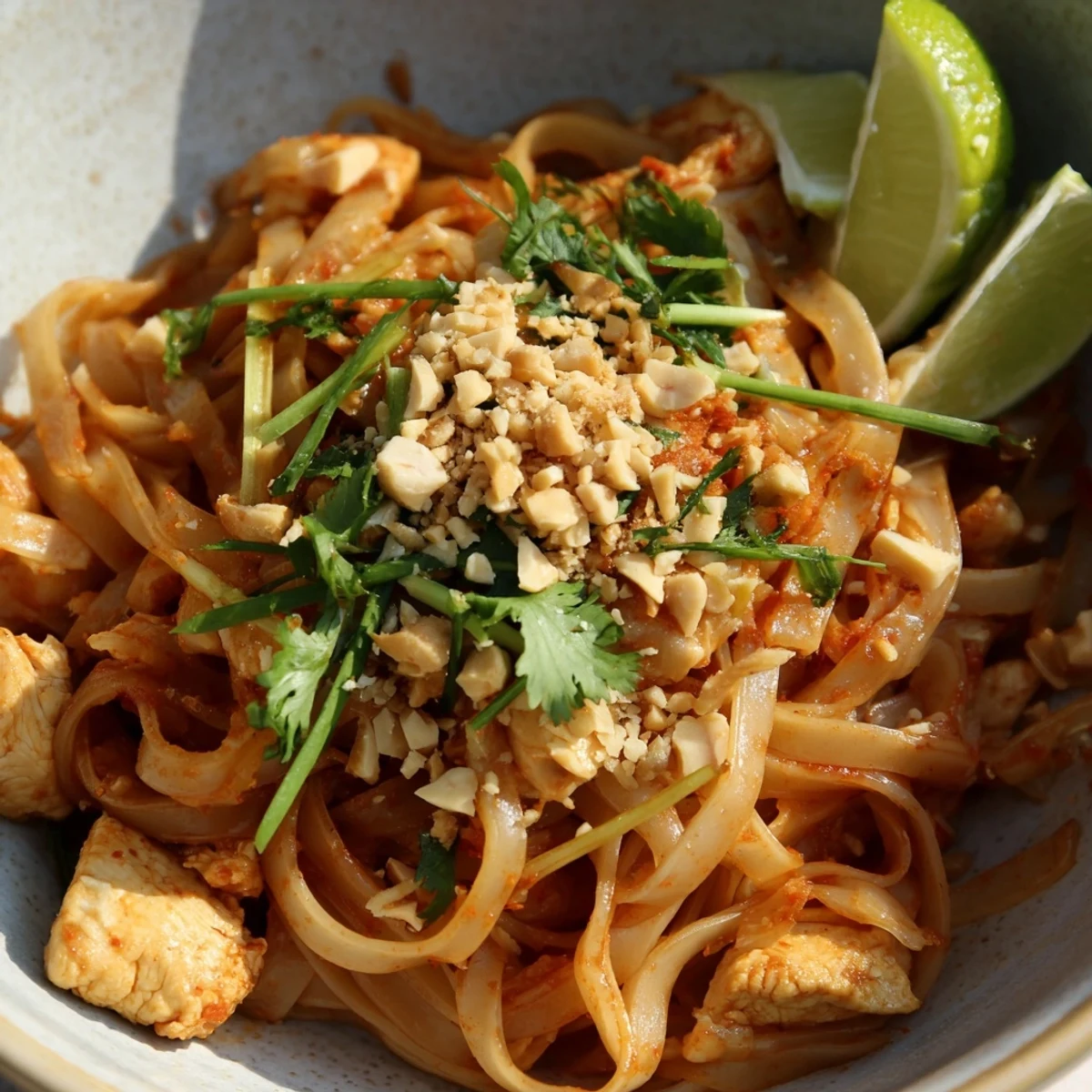 Bowl of Shan Noodles topped with tender chicken, crunchy peanuts, and fresh cilantro garnish