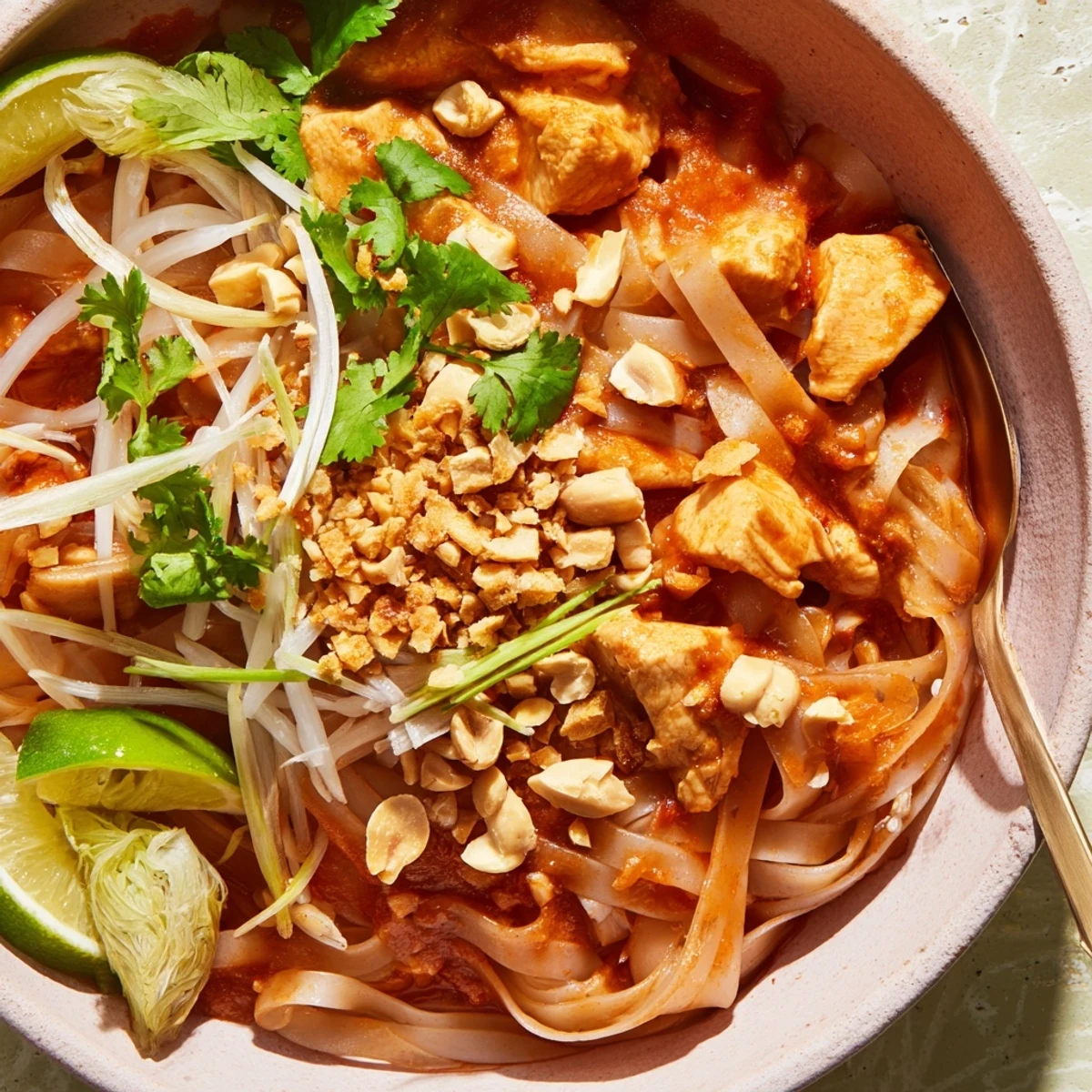 Savory Shan Noodles in rich tomato chicken sauce served with lime wedges and spring onions
