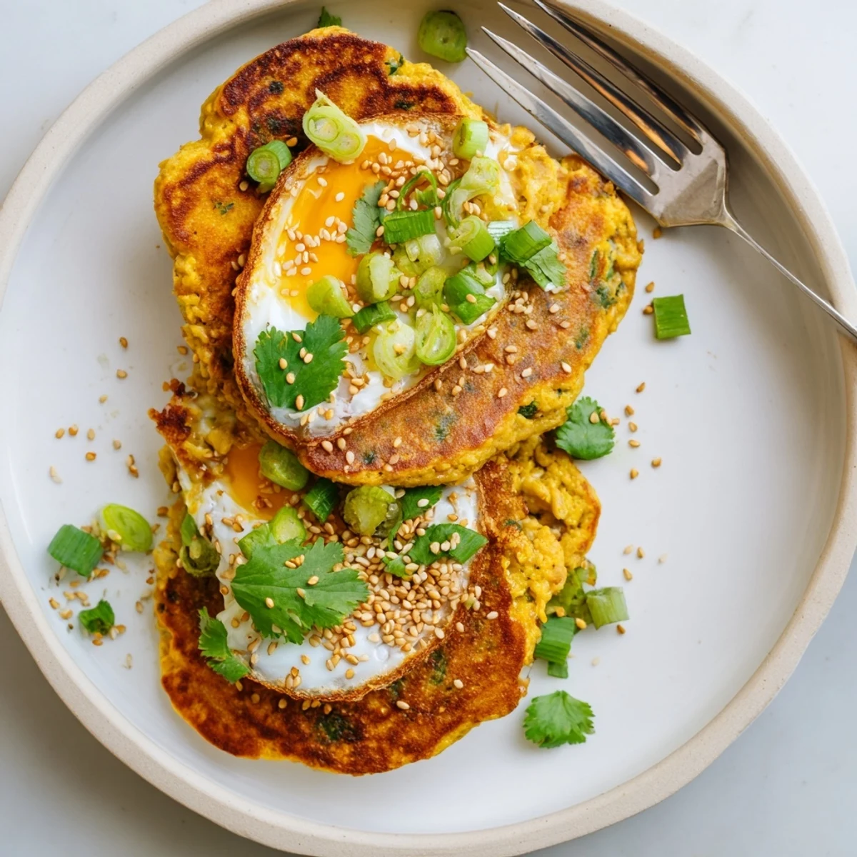 Golden Mont Lin Ma Yar pancakes paired together with quail eggs and fresh herbs