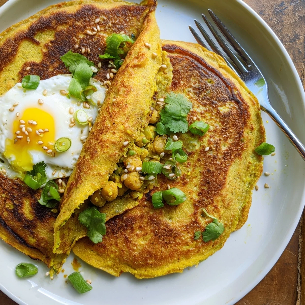 Crispy Burmese Mont Lin Ma Yar street snack topped with sesame and chickpeas