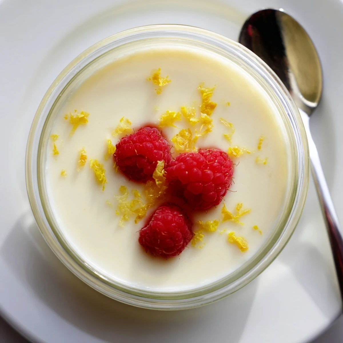 Creamy lemon posset set in clear glass topped with fresh lemon zest garnish