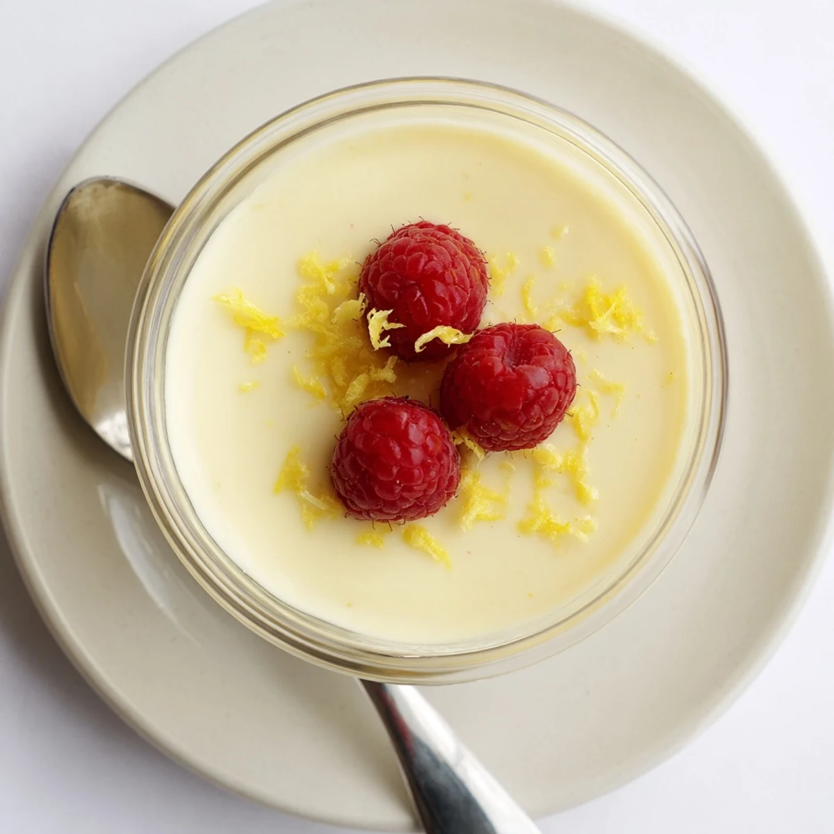 Silky smooth lemon posset dessert plated with berries on dark background