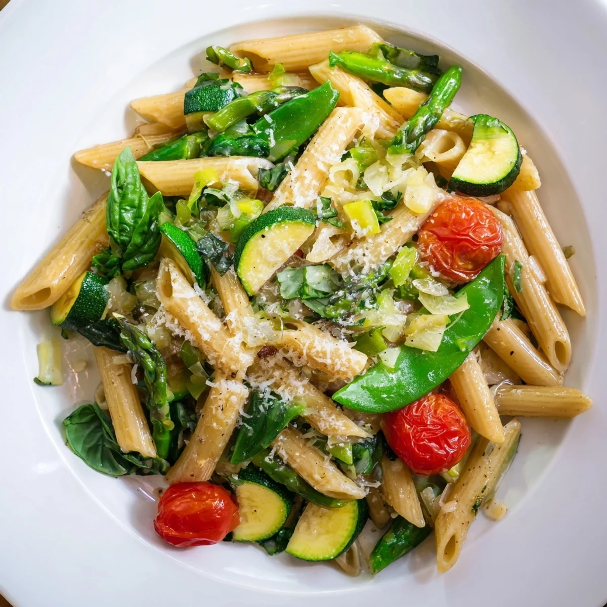 Fresh spring vegetables mingle with tender penne pasta in this colorful one pot dish finished with Parmesan cheese.