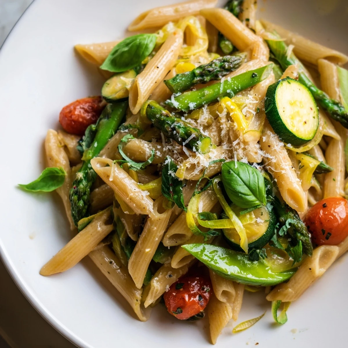Vibrant one pot spring vegetable pasta with asparagus, snap peas, and cherry tomatoes in a shallow white bowl.