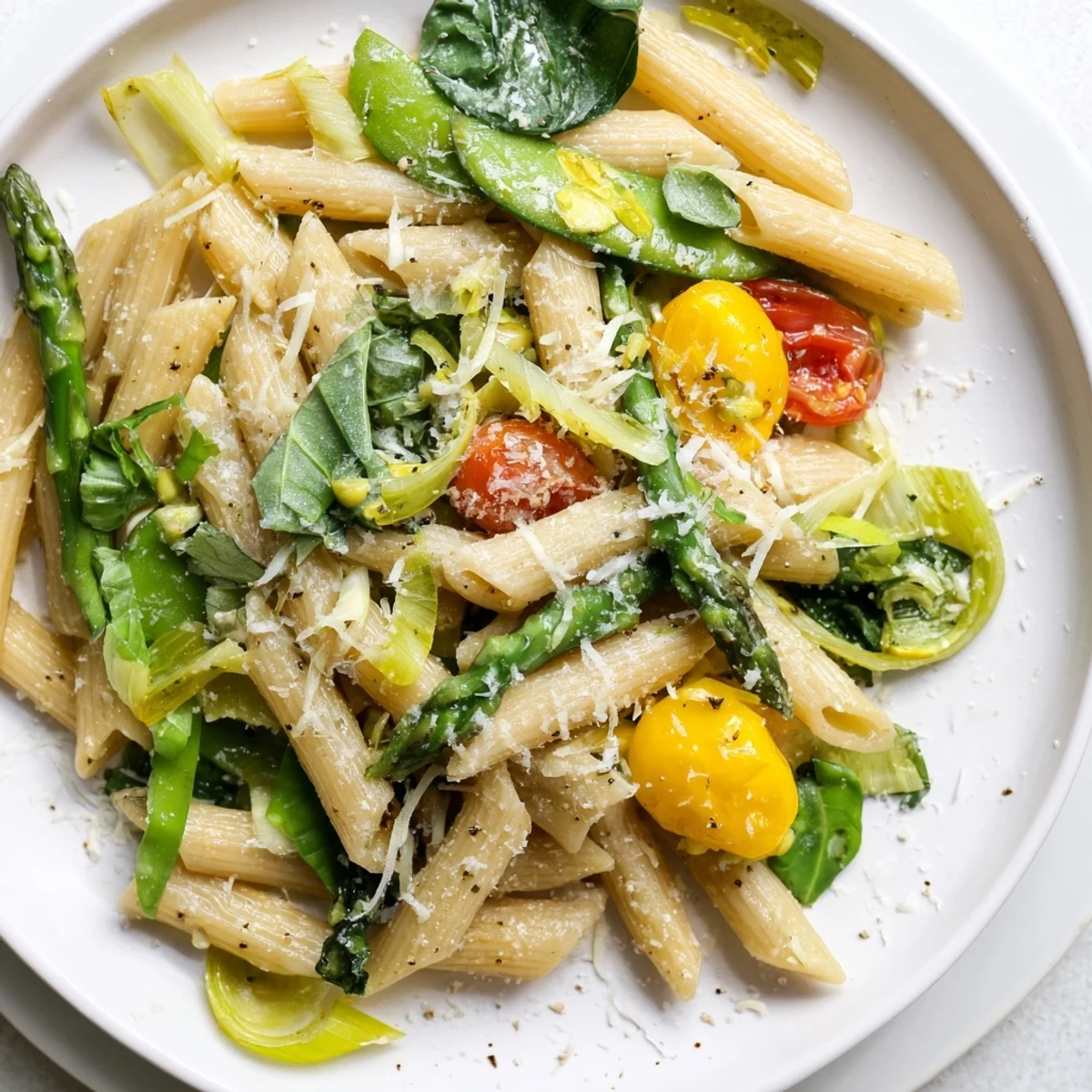 Golden penne pasta tossed with bright green spring vegetables in a savory one pot vegetable pasta recipe.
