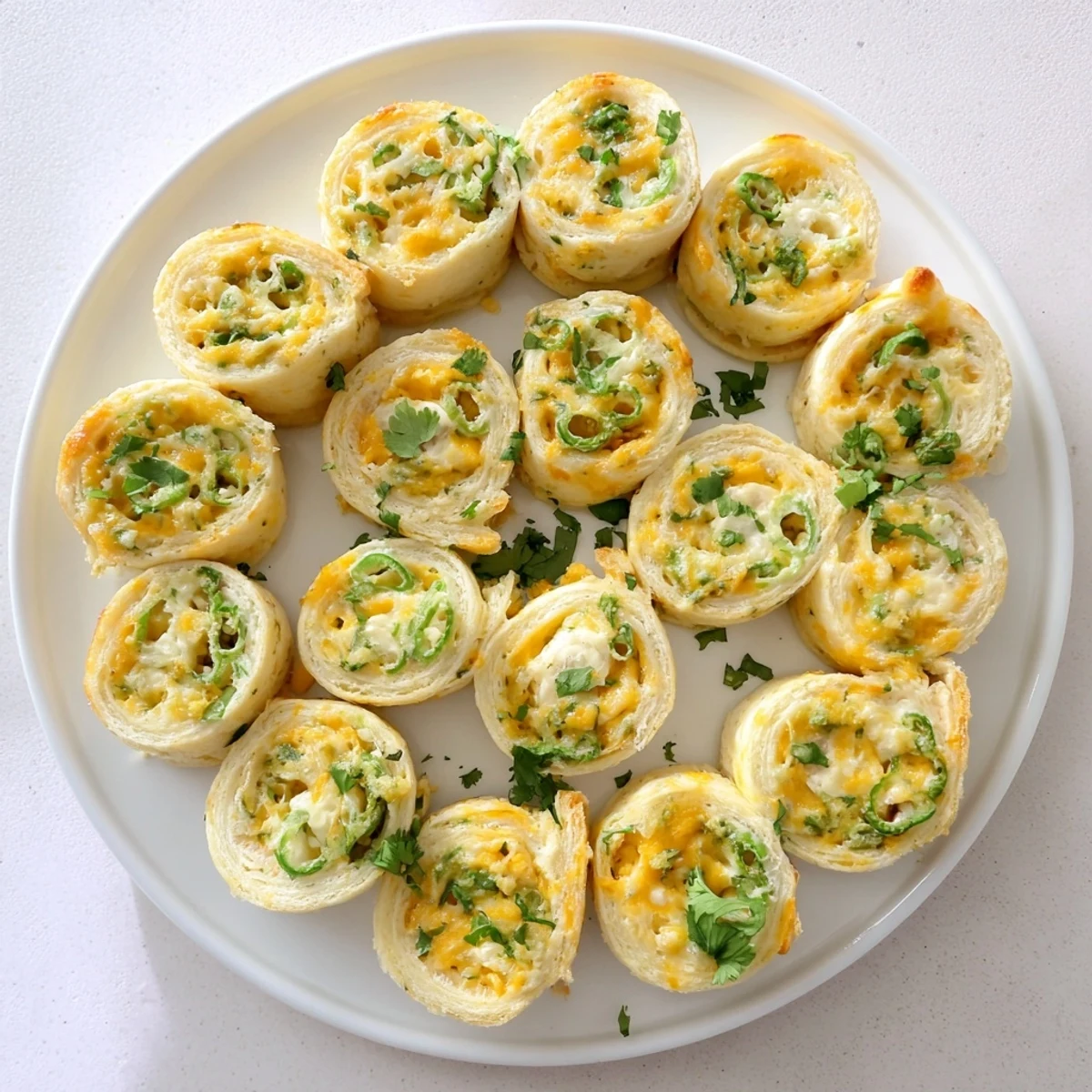Spicy appetizer tray of easy jalapeno popper pinwheels spiraled with creamy cheese filling and diced jalapeños