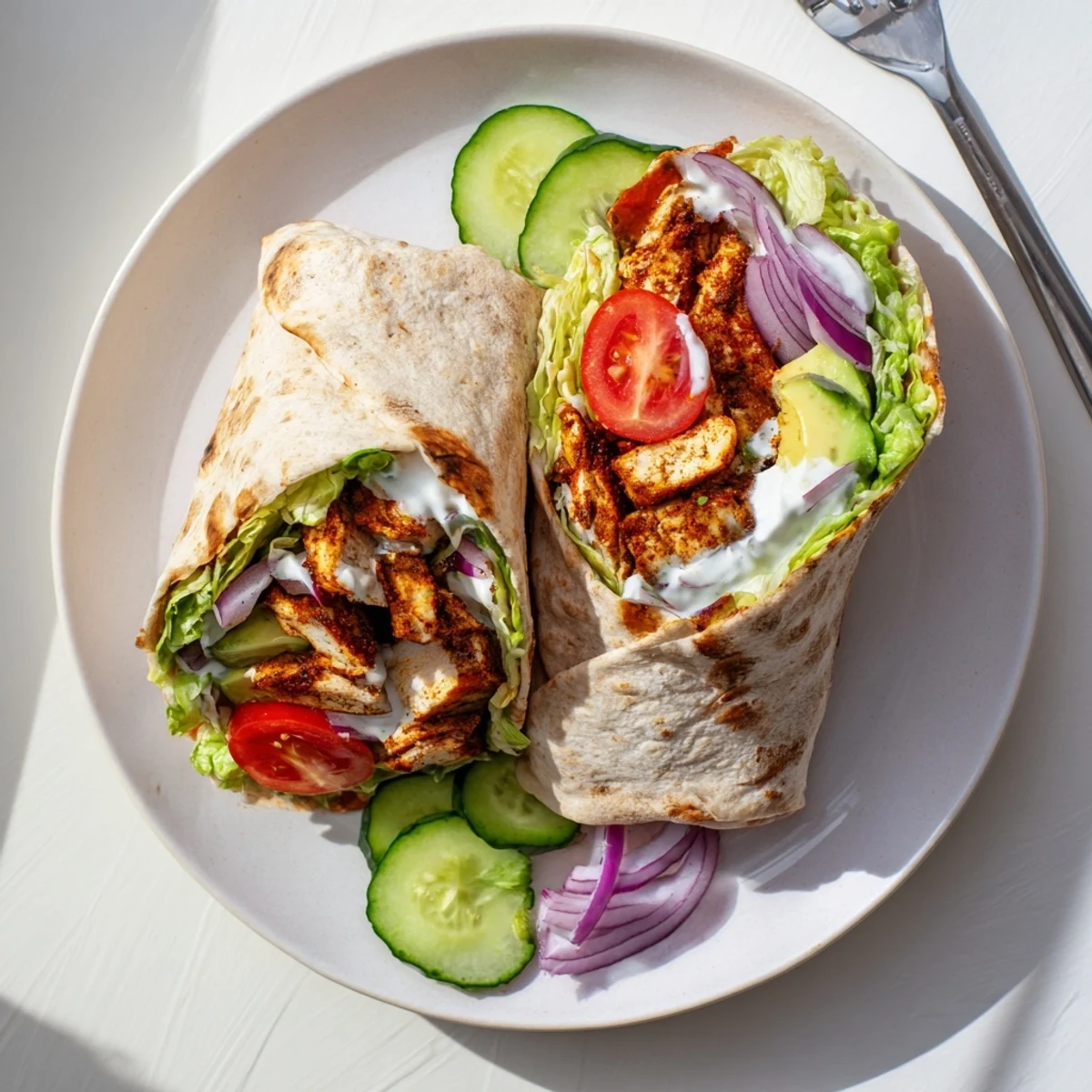 Golden brown crispy cottage cheese flatbread wrapped around spiced grilled chicken strips with fresh lettuce, tomato, and creamy avocado slices
