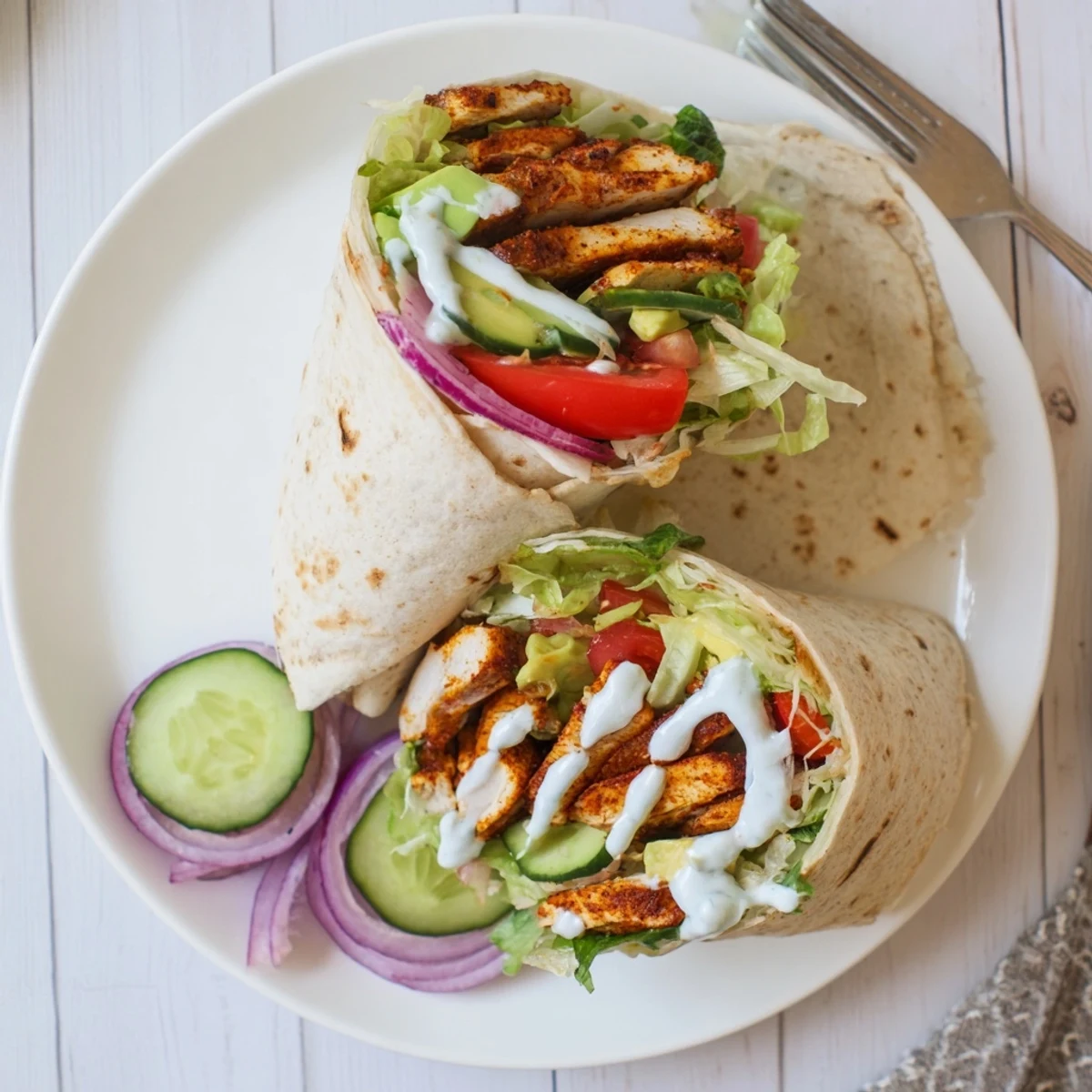 Protein-packed cottage cheese flatbread chicken wrap featuring crisp baked flatbread layered with juicy seasoned chicken and vibrant colorful vegetables