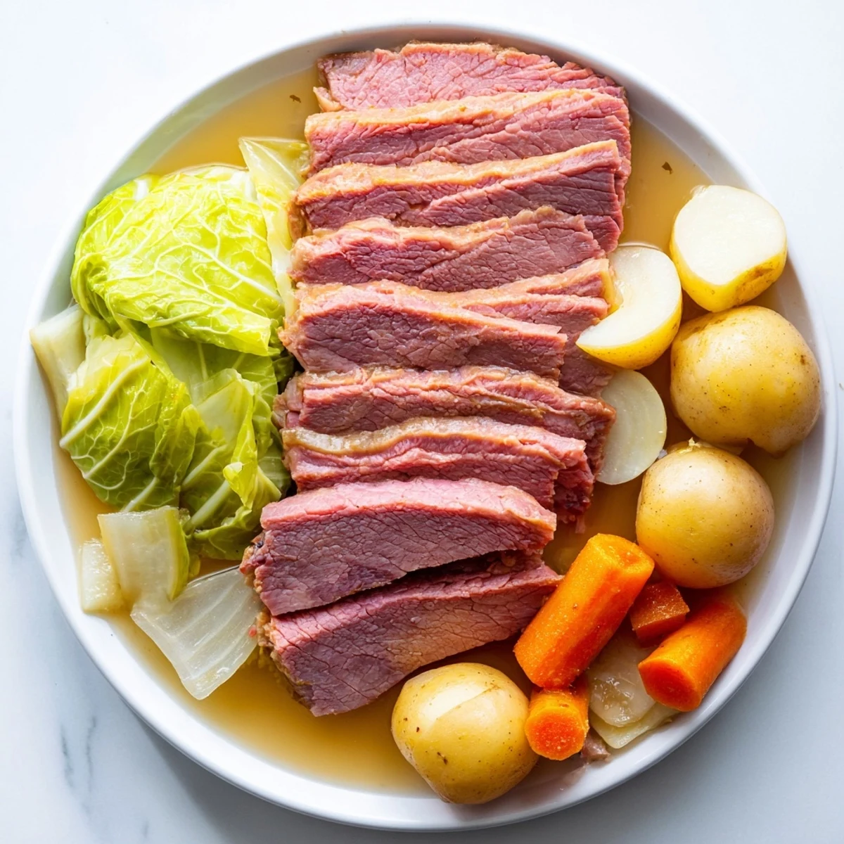Slow cooker corned beef and cabbage with tender sliced brisket nestled beside buttery carrots and potatoes