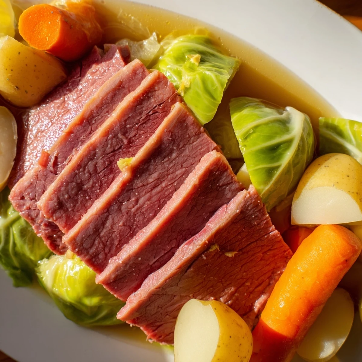 Hearty corned beef cabbage dinner featuring fork-tender meat slices served over comforting slow-cooked vegetables