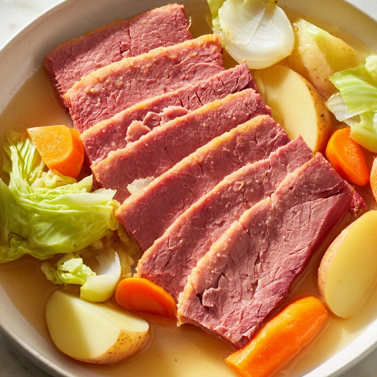 Golden corned beef brisket plated with wedges of soft cabbage and root vegetables in rich beef broth