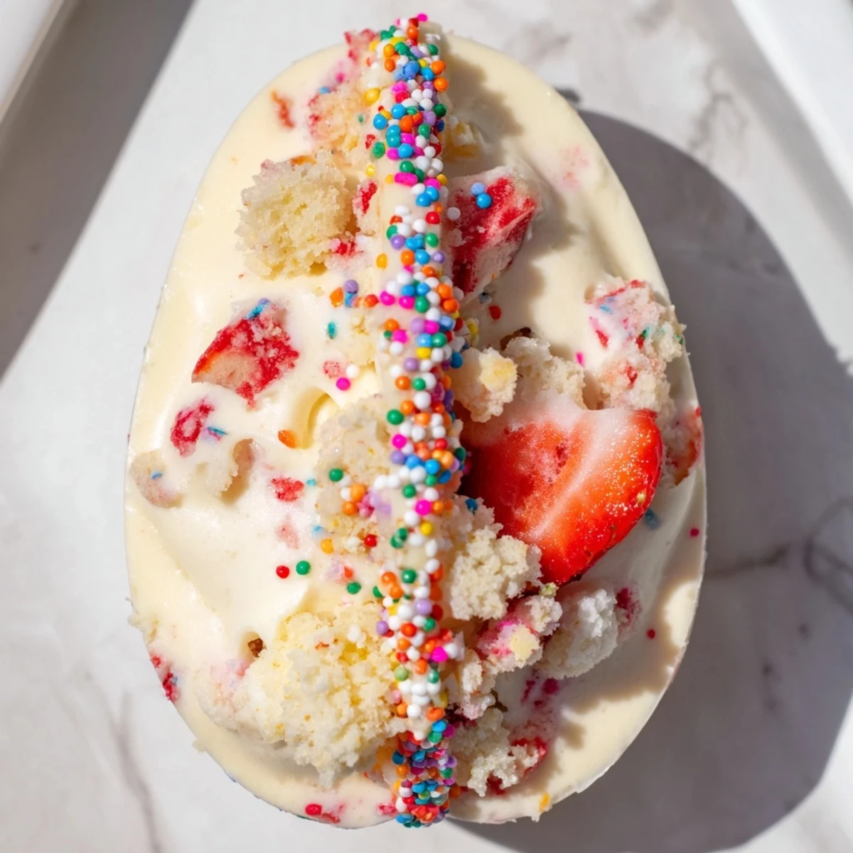 White chocolate Easter egg bombs filled with creamy strawberry shortcake mixture and fresh chopped strawberries on pastel plate