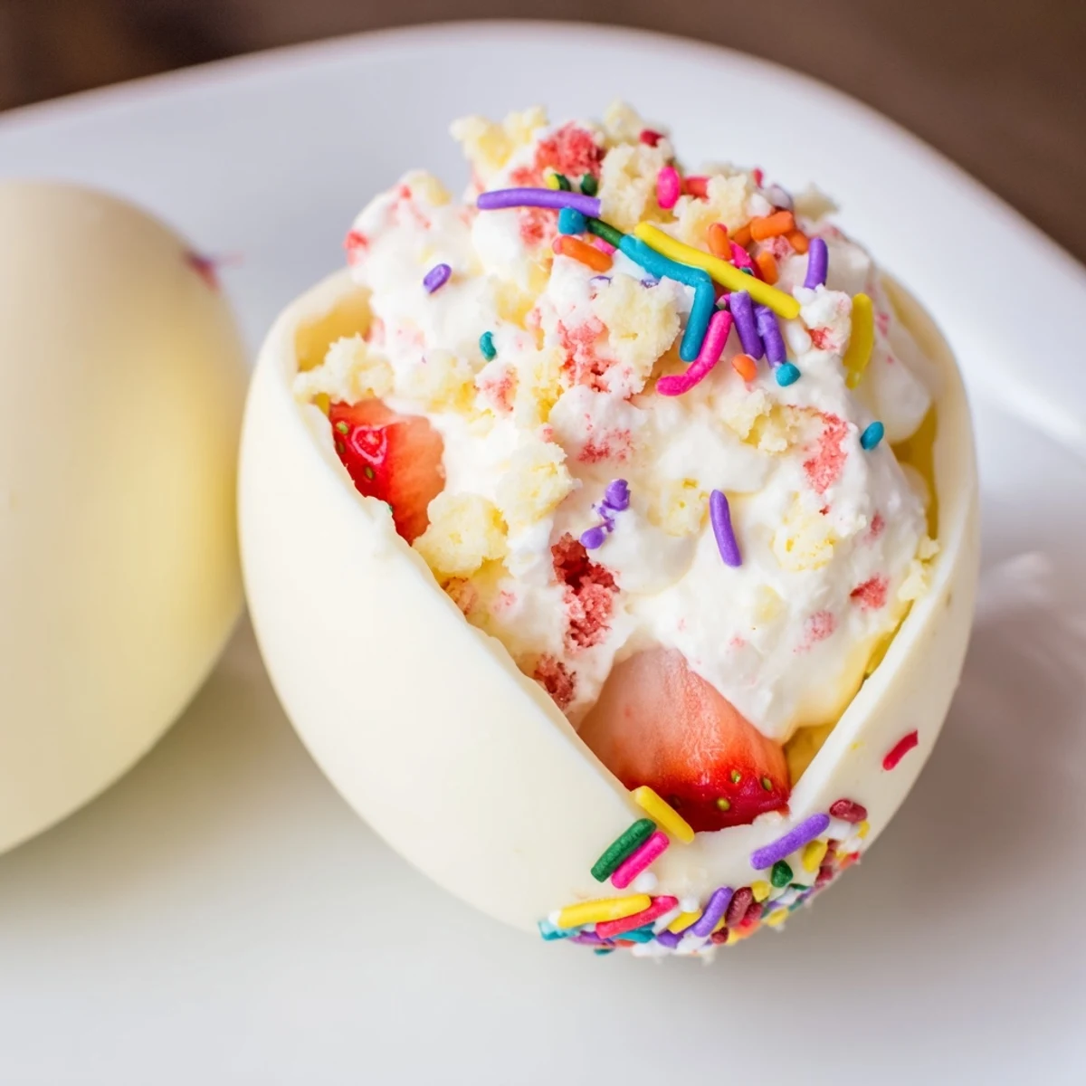 Whimsical strawberry shortcake Easter egg bombs decorated with colorful sprinkles and edible gold for spring dessert table