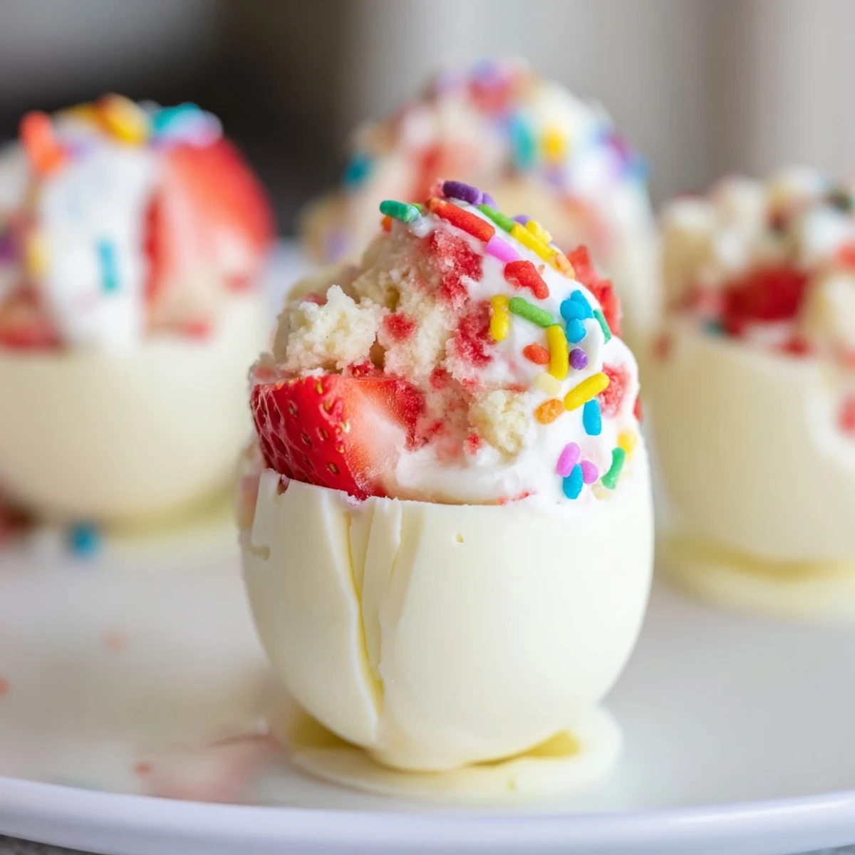 Creamy strawberry shortcake filling nestled inside smooth white chocolate egg shells topped with pearls and festive sprinkles