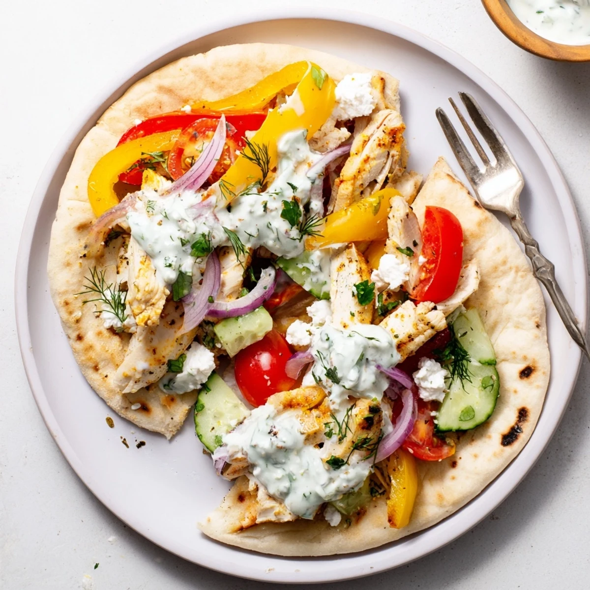 Golden roasted chicken and colorful bell peppers stuffed inside warm pita bread with creamy herby ranch drizzle