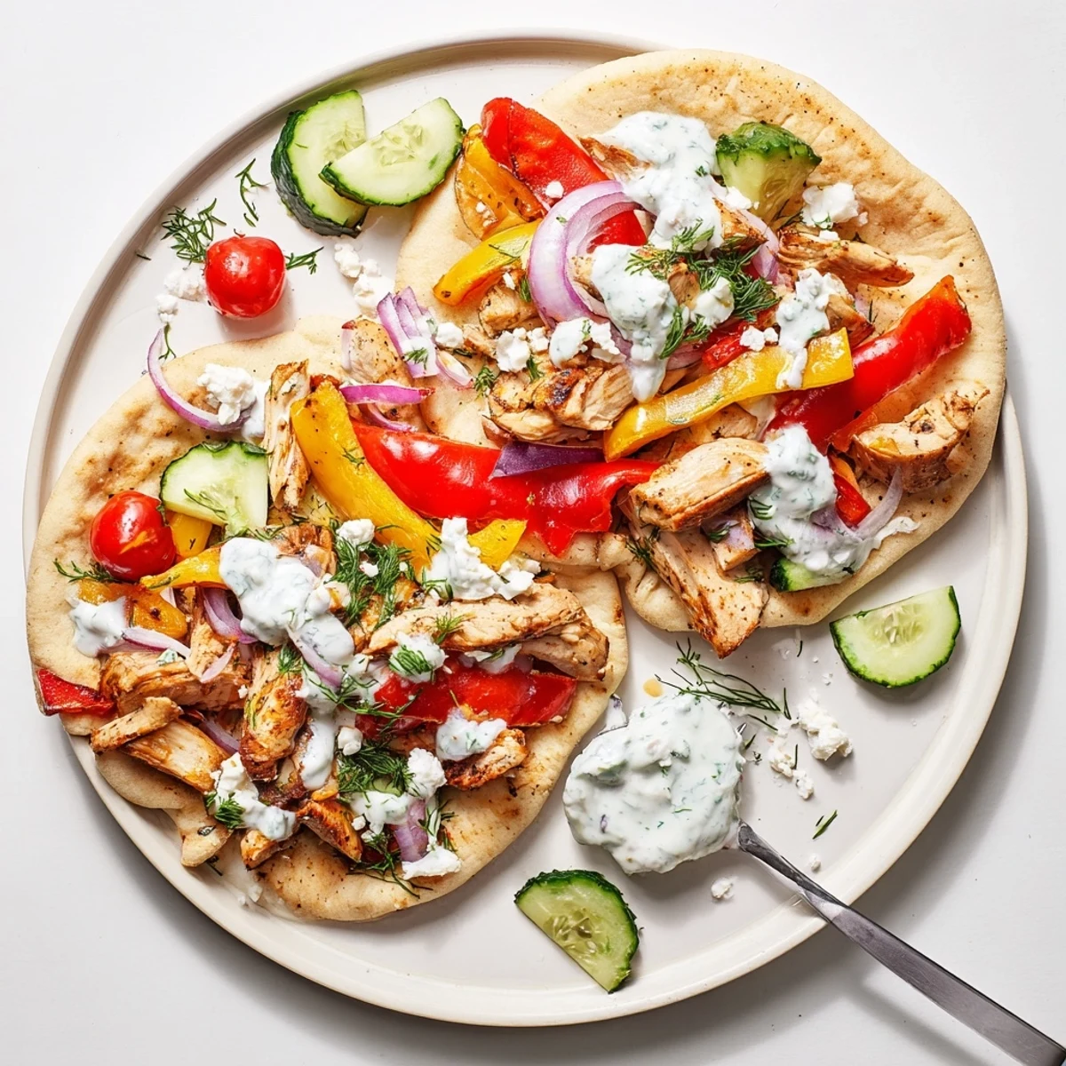 Vibrant Mediterranean-style chicken and roasted peppers nestled in soft pita pockets topped with fresh herb dressing