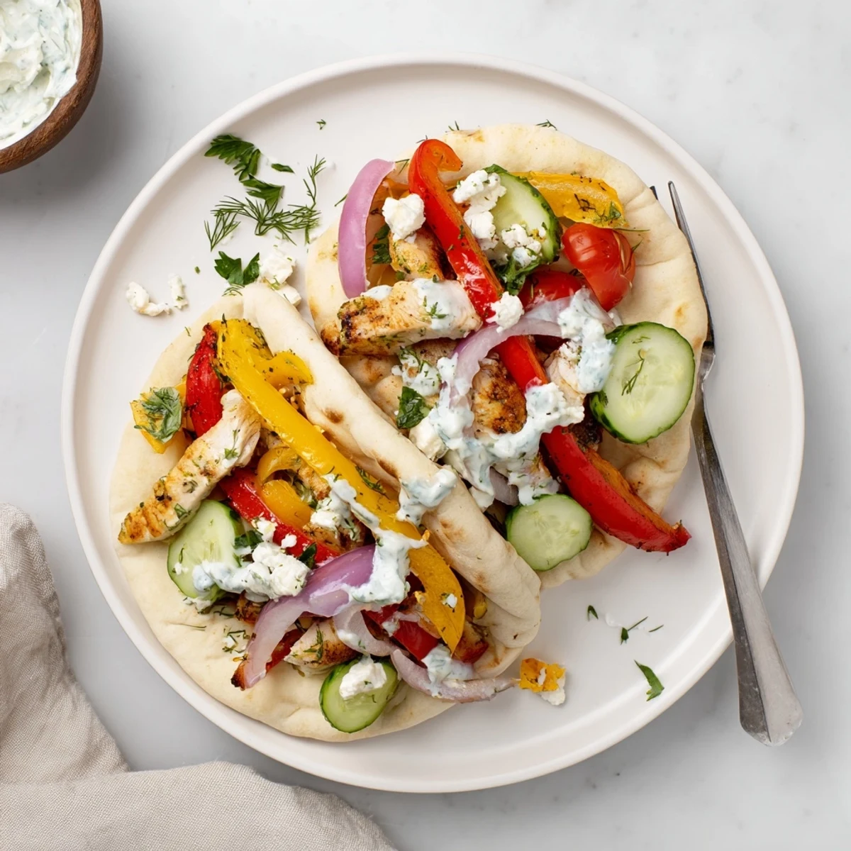 Sheet pan chicken pitas overflowing with tender spiced meat, caramelized vegetables, and tangy homemade ranch sauce