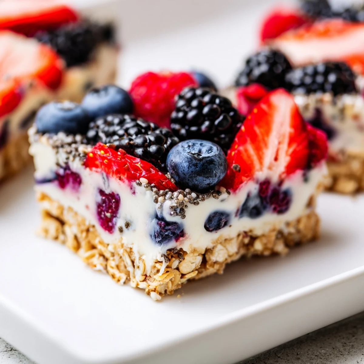 Frozen no bake yogurt berry granola bars layered with fresh colorful fruit and crunchy cereal