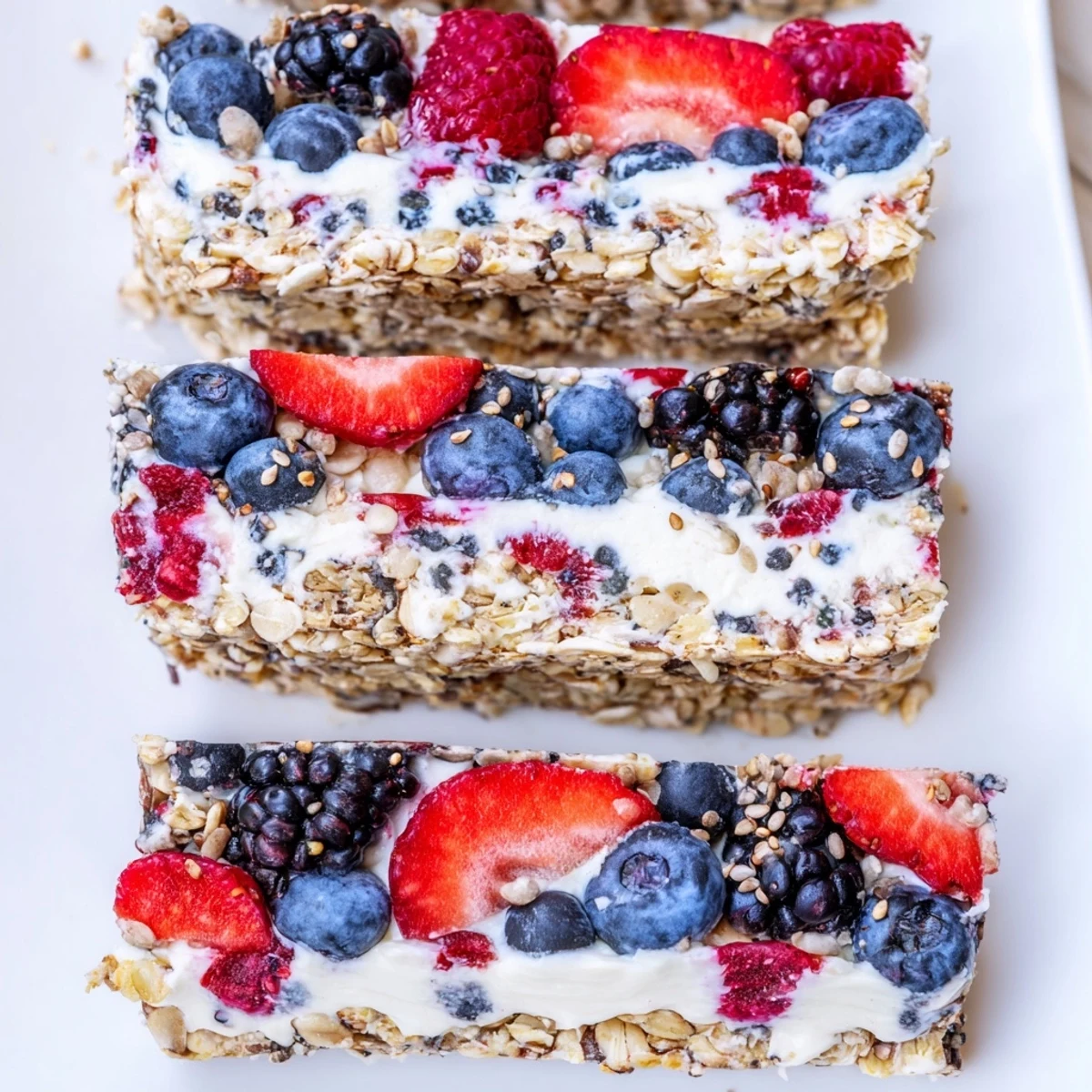 Healthy frozen yogurt berry granola bars showing creamy white layers topped with vibrant red blueberries