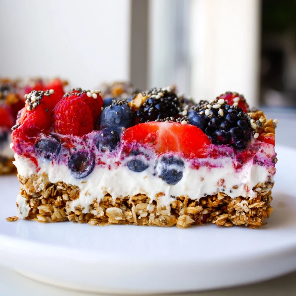 Easy no bake berry granola bars displayed on wooden board with juicy fruit and golden oats