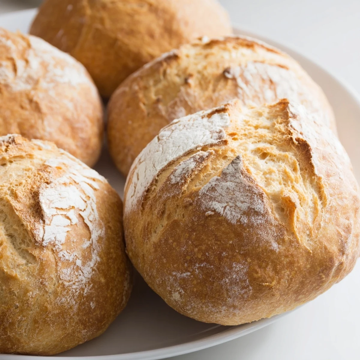 Golden brown crusty French bread rolls with flour-dusted tops arranged on parchment paper