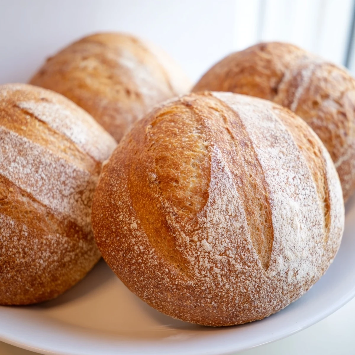 Warm crusty French bread rolls served ready for slicing with butter on wooden board
