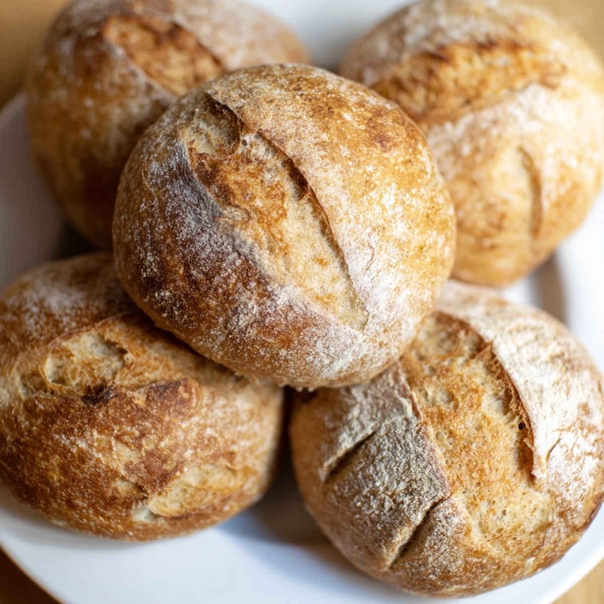 Freshly baked French bread rolls displaying crispy golden crusts and soft airy interiors