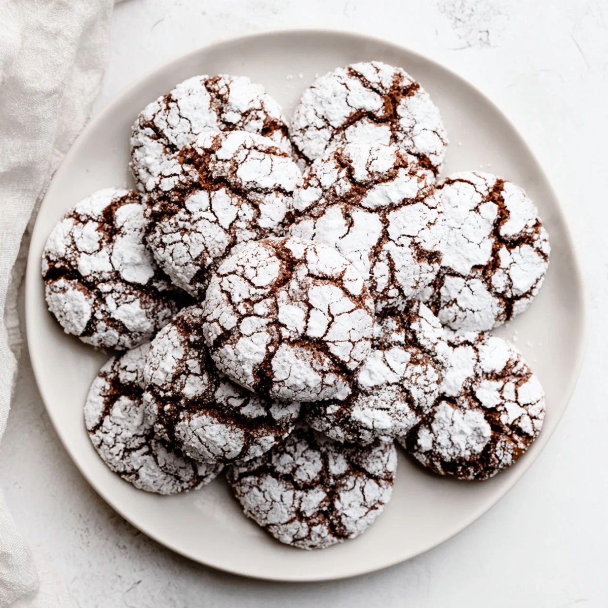 Soft gingerbread crinkle cookies dusted with powdered sugar on a white serving plate