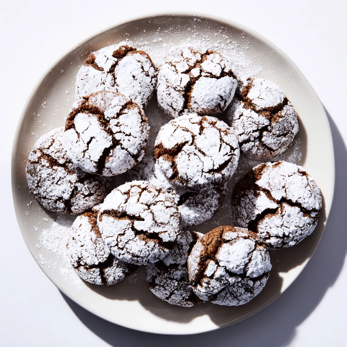 Batch of warm gingerbread crinkle cookies with molasses flavor and snowy powdered sugar topping