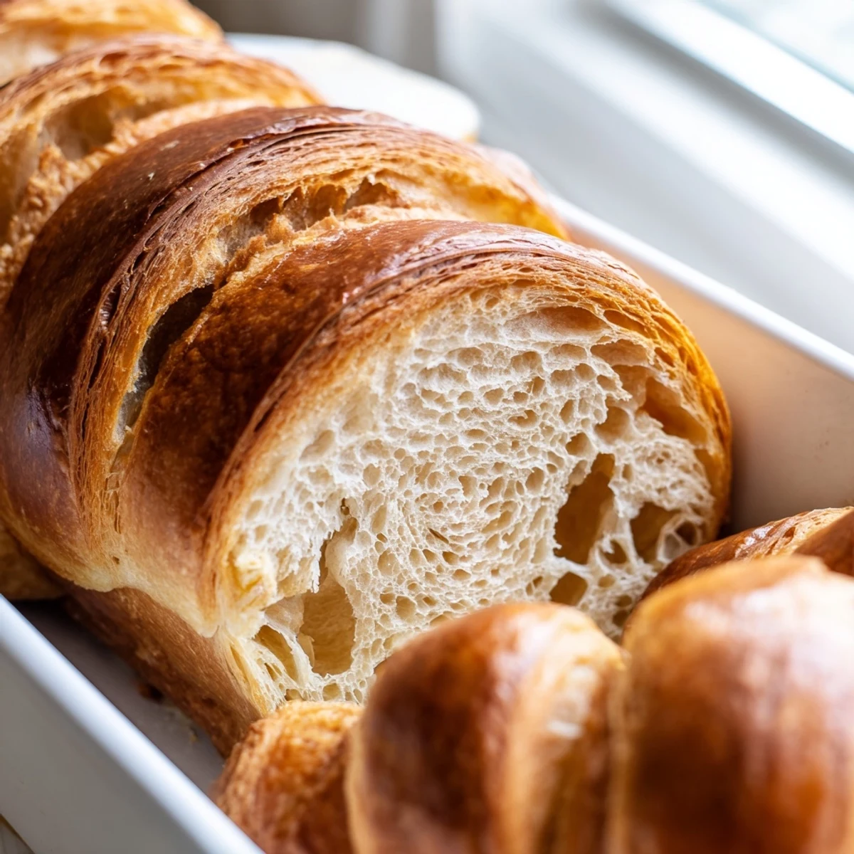 Sliced homemade croissant bread revealing tender, flaky interior layers perfect for breakfast table