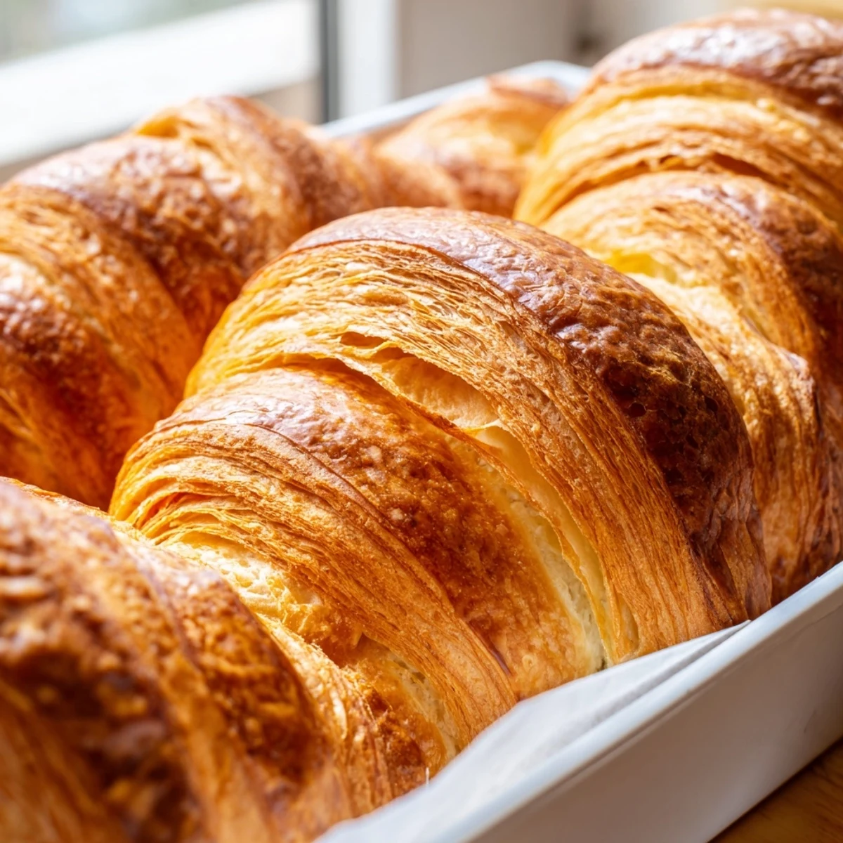 Freshly baked homemade croissant bread brushed with egg wash, served on wire cooling rack