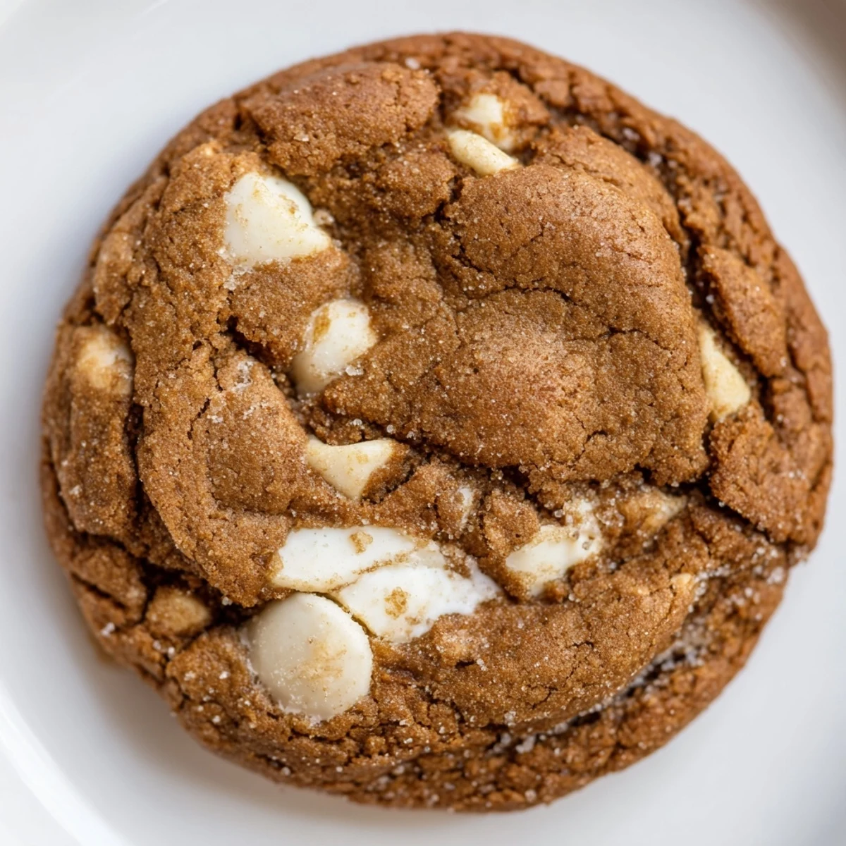 Soft bakery gingerbread white chocolate cookies with creamy white chocolate chips on a white plate