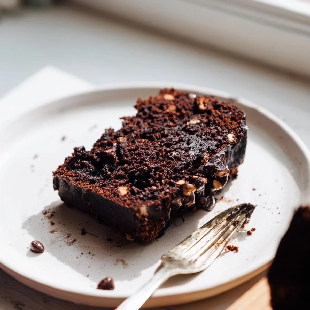 Moist chocolate espresso banana bread loaf topped with melted chocolate chips on a wooden cutting board