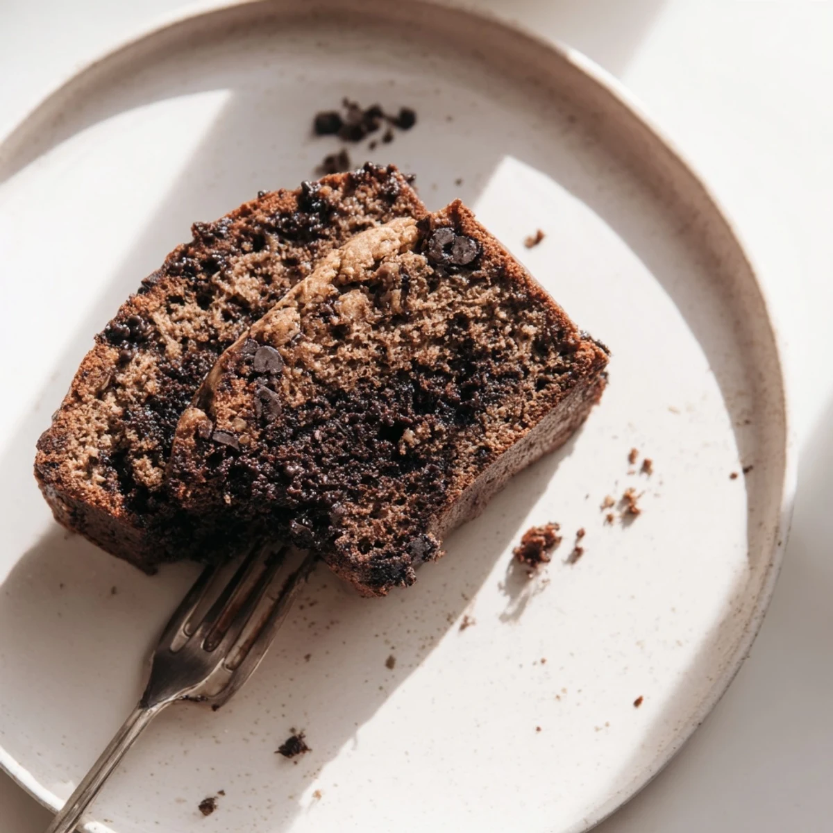 Warm chocolate espresso banana bread fresh from the oven with golden crust and chocolate chip accents