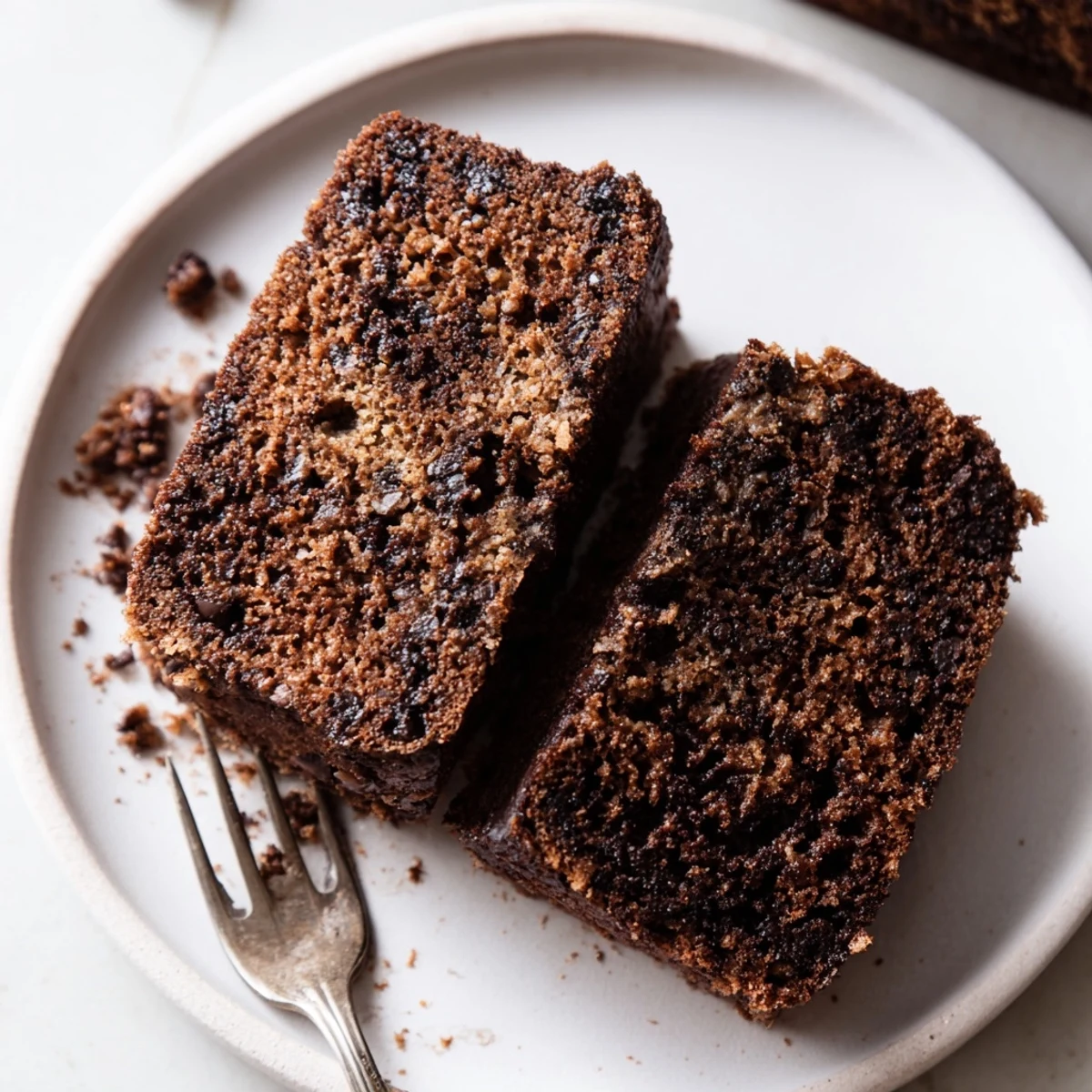 Sliced chocolate espresso banana bread revealing dark chocolate pockets and tender crumb on a white plate