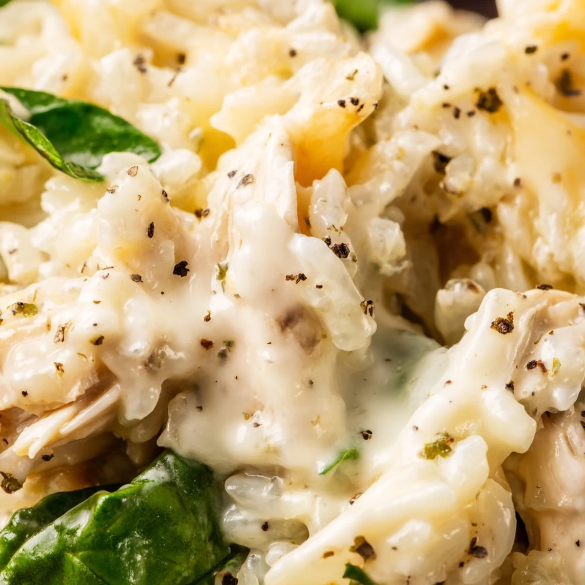 Creamy Parmesan rice and tender chicken bubbling in a Dutch oven for easy weeknight dinner