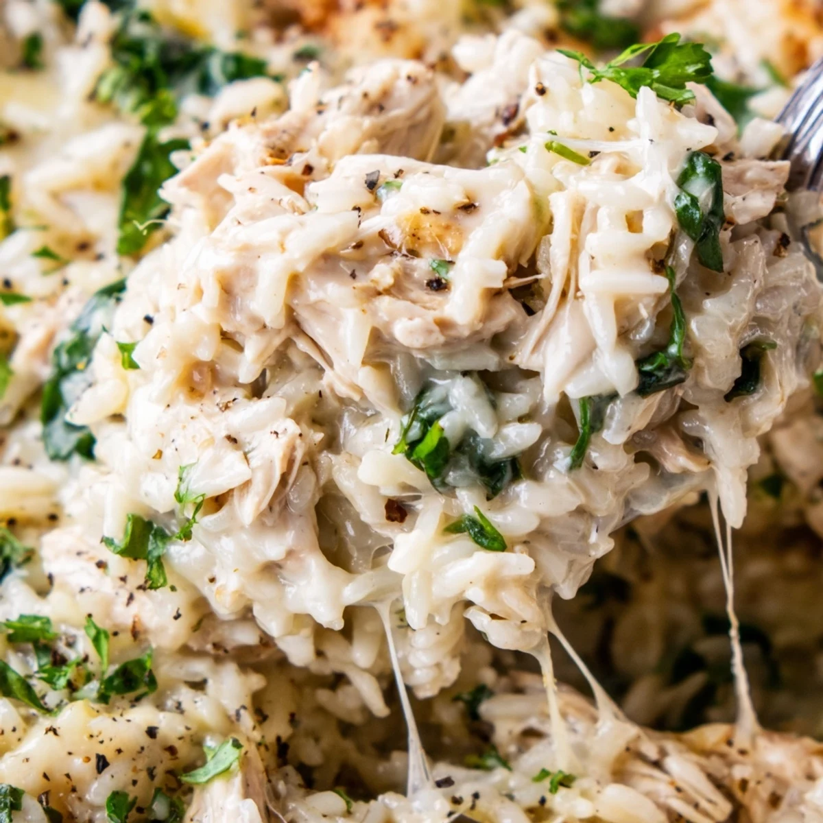 Savory one pot chicken rice casserole with melted cheese sauce and fresh parsley garnish