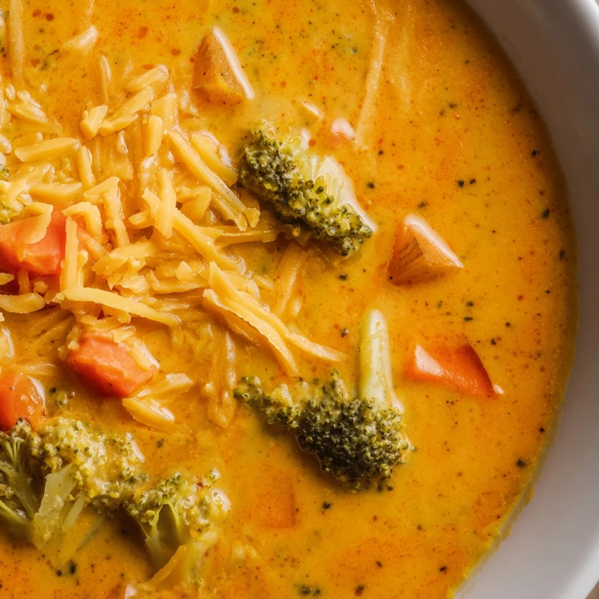 Rich slow cooker broccoli cheddar soup topped with melted sharp cheese and crusty bread chunks