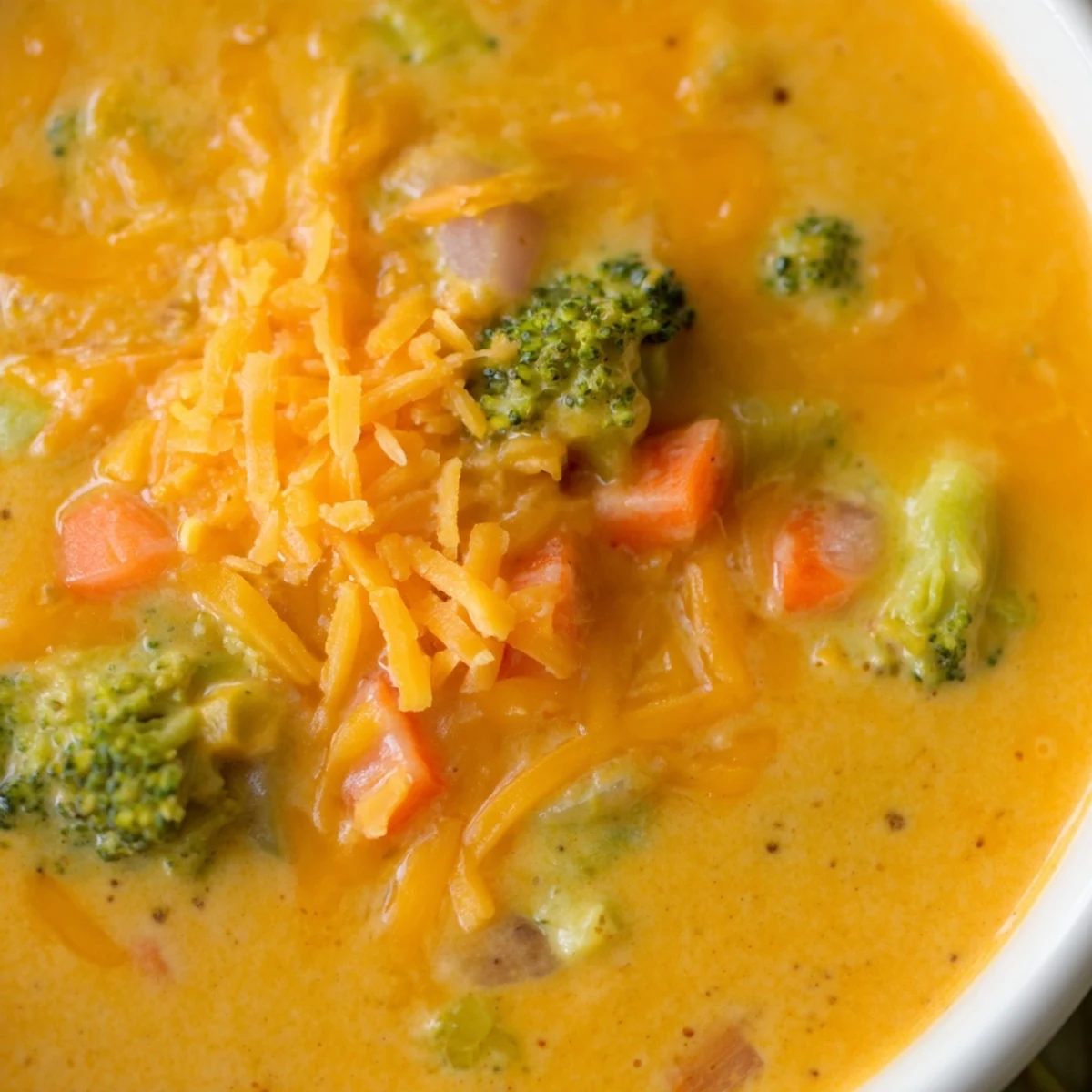 Creamy broccoli cheddar soup bubbling in a white bowl with vibrant green florets visible