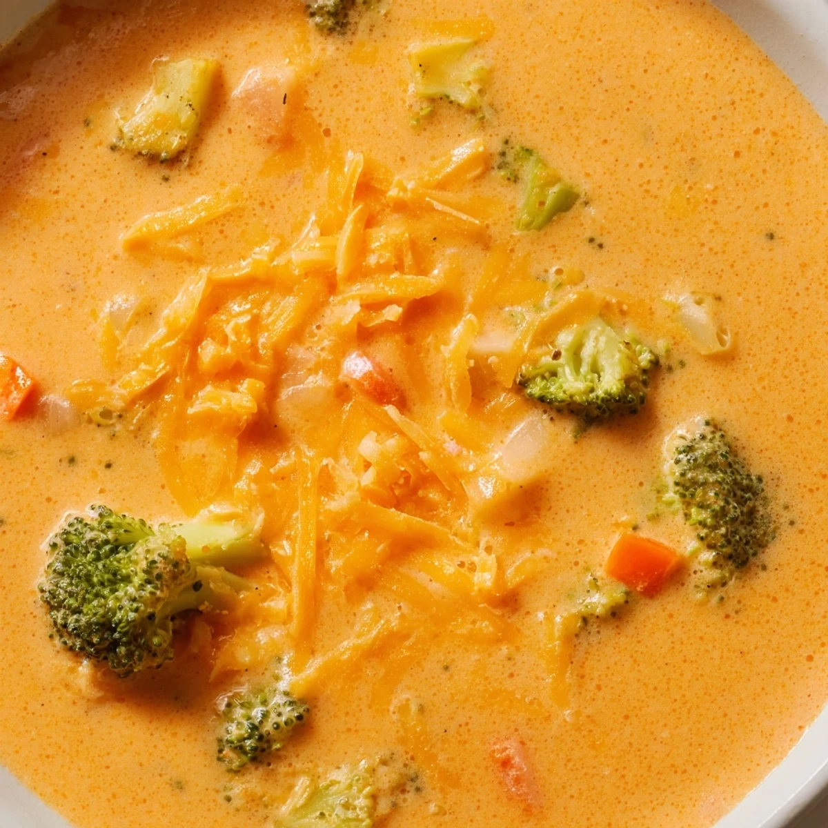 Velvety slow cooker broccoli cheddar soup ladled into a serving bowl with shredded cheese garnish